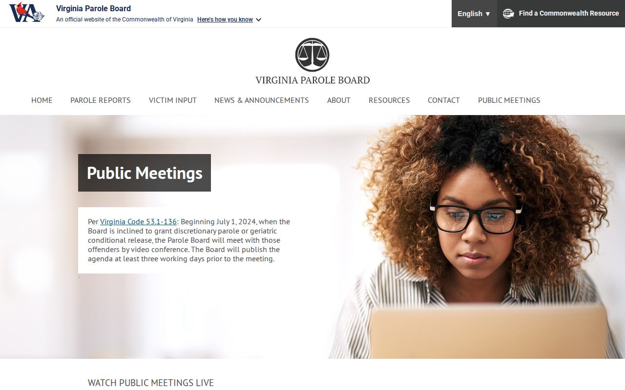 Virginia Parole Board public meeting calendar for Appomattox parole decisions